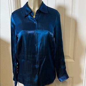 Gorgeous‎ Satin-Shine Button Front Blouse, Cobalt Blue Rayon Blend, Small